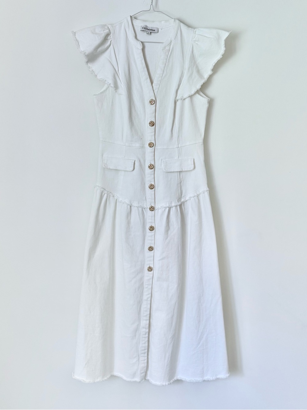 En Saison White Button-Down Denim Dress with Flutter Cap Sleeves SZ.S